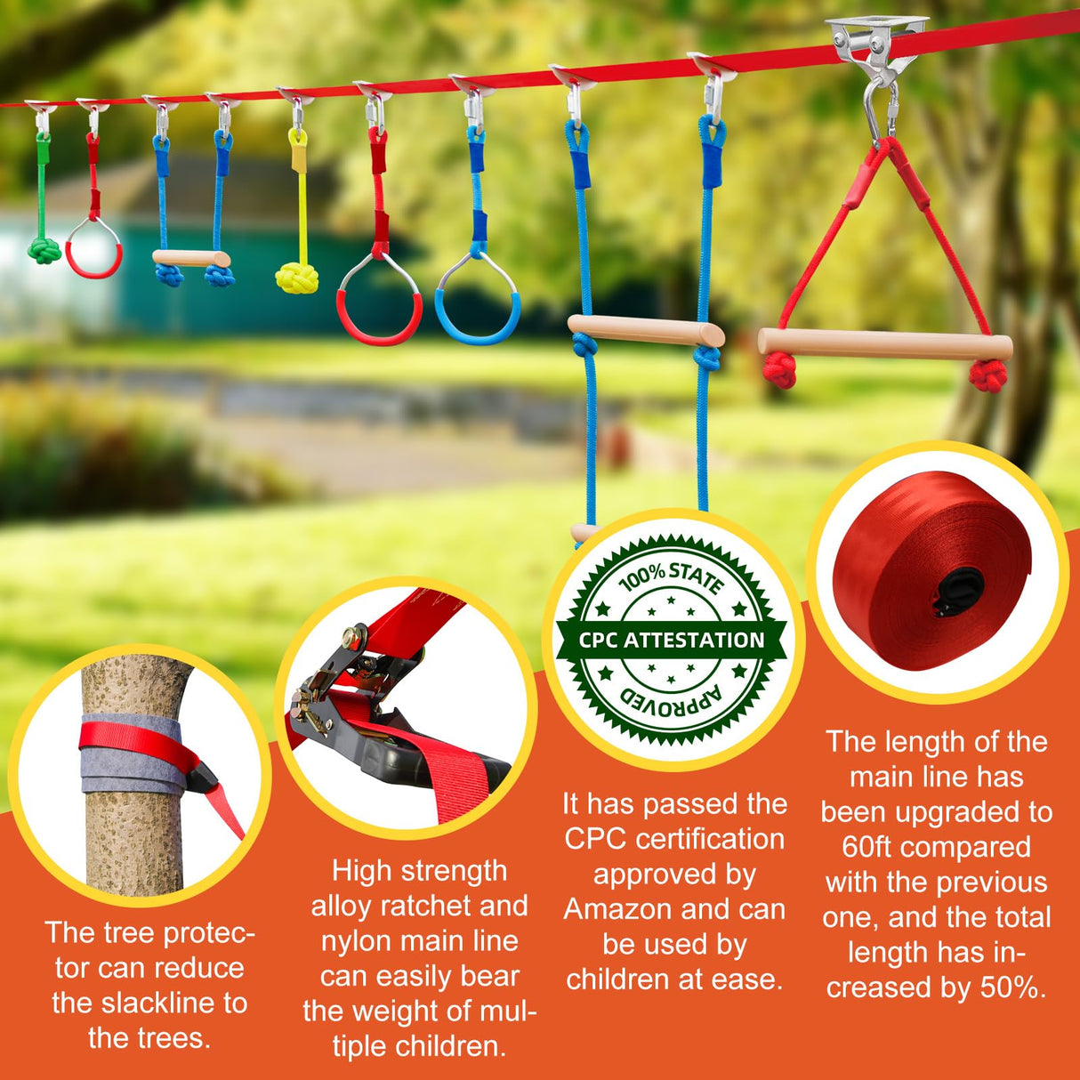 Ninja Warrior Obstacle Course for Kids，60ft Ninja Slackline-with 8 Pcs Accessories,Tree Protector & Carry Bag Ninja Course for Kids Outside-Backyard Zip Line for Kids Perantlb