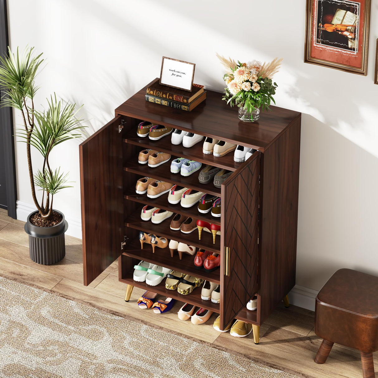 Tribesigns Walnut Shoe Cabinet with Doors, 6-Tier 24 Pairs Shoe Storage Cabinet for Entryway, Wooden Entryway Shoe Cabinet with Adjustable Shelves for Living Room, Bedroom (Walnut, Gold Legs) Tribesigns