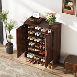 Tribesigns Walnut Shoe Cabinet with Doors, 6-Tier 24 Pairs Shoe Storage Cabinet for Entryway, Wooden Entryway Shoe Cabinet with Adjustable Shelves for Living Room, Bedroom (Walnut, Gold Legs) Tribesigns