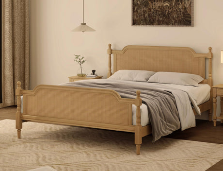 Merax King Bed Frame with Rattan Headboard and Footboard, Traditional Style Solid Pine Wood Platform, No Box Spring Needed, Walnut Merax