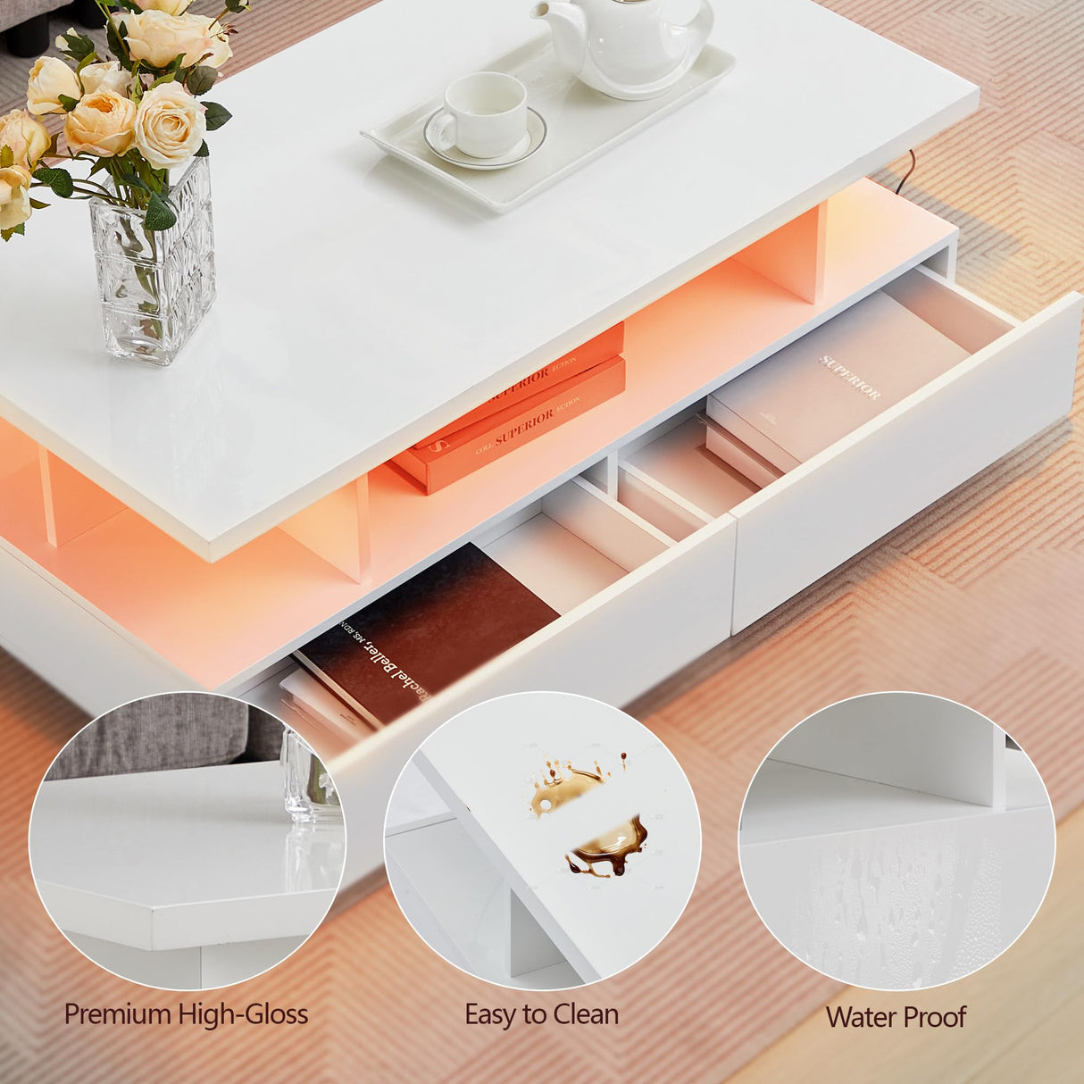 Tltaroni LED Coffee Table, Modern High Glossy Coffee Table with 4 Drawers and Open Display Shelf Wood Rectangle Center Tables with Storage for Living Room, White Tltaroni