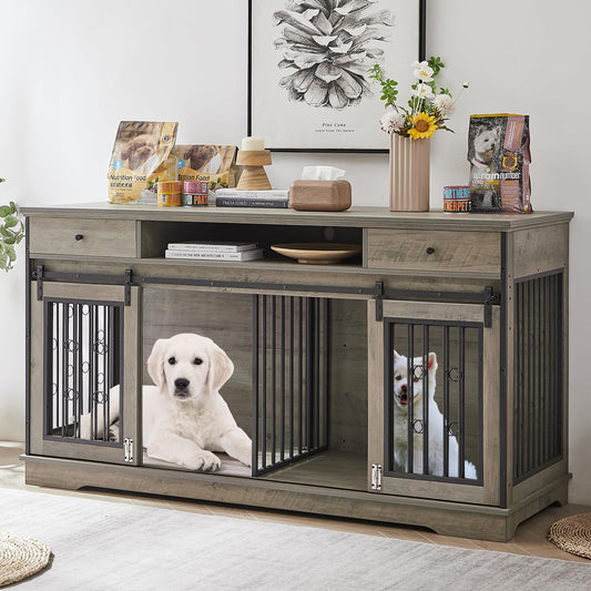 GNIXUU Large Dog Crate Furniture, 66.1" Wood Dog Kennel with Divider & Drawer & Double Doors, Heavy Duty Dog Crate Furniture Indoor Cage for Large or 2 Medium Dogs.Grey - WoodArtSupply