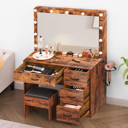 YITAHOME Vanity Desk Set with Large Lighted Mirror & Power Outlet, 3 Color Lighting Modes, Makeup Vanity Table with 4 Drawers, Storage Bench, Bedroom, Rustic Brown