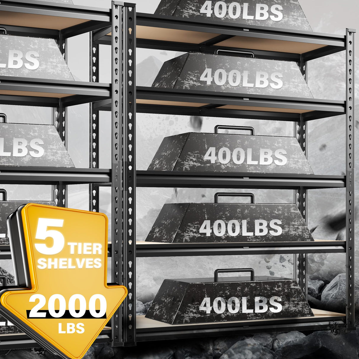 REIBII Set of 2 Garage Shelving, 2000LBS Adjustable Metal Shelving, 5 Tier Storage Shelves for Garage, Pantry, Kitchen, Basement 71.5" H x 35.5" W x 11.8" D REIBII