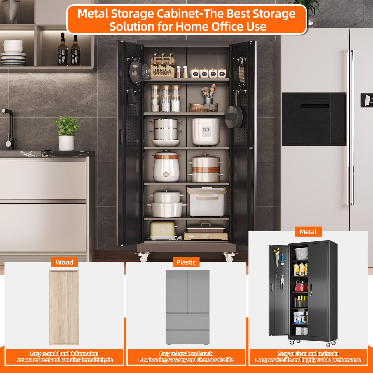 Aobabo 71" H×32" W×16" D Metal Storage Cabinet with Wheels, Garage Steel Storage Cabinet with 5 Adjustable Shelves and 4 Hooks for Home Office, Kitchen, Assembly Required, Black Aobabo