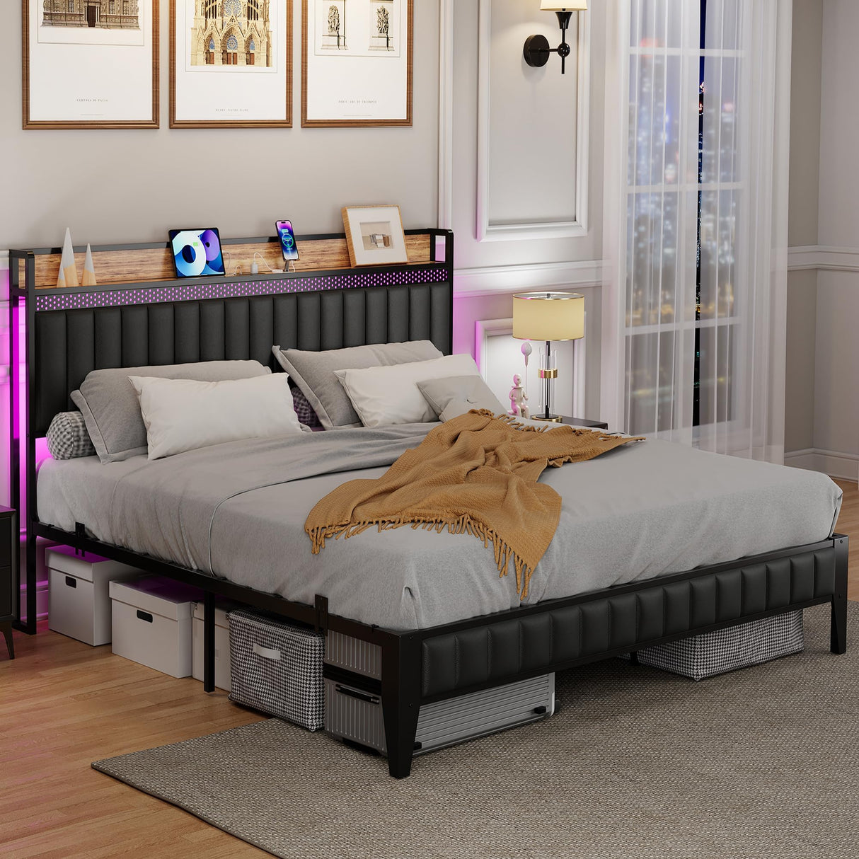 IDEALHOUSE King Bed Frame with Charging Station, LED Bed Frame with Storage Headboard, Upholstered Platform Bed Frame, No Box Spring Needed, Easy Assembly, Black IDEALHOUSE