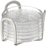 iDesign Rain Stainless Steel Drink Coasters with Holder for Home Counters, Kitchen, Dining Room, Living Room, Patio, Coffee Table, Set of 6, Clear InterDesign