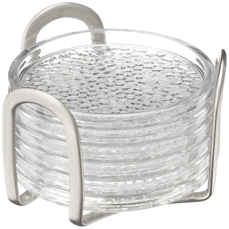 iDesign Rain Stainless Steel Drink Coasters with Holder for Home Counters, Kitchen, Dining Room, Living Room, Patio, Coffee Table, Set of 6, Clear InterDesign