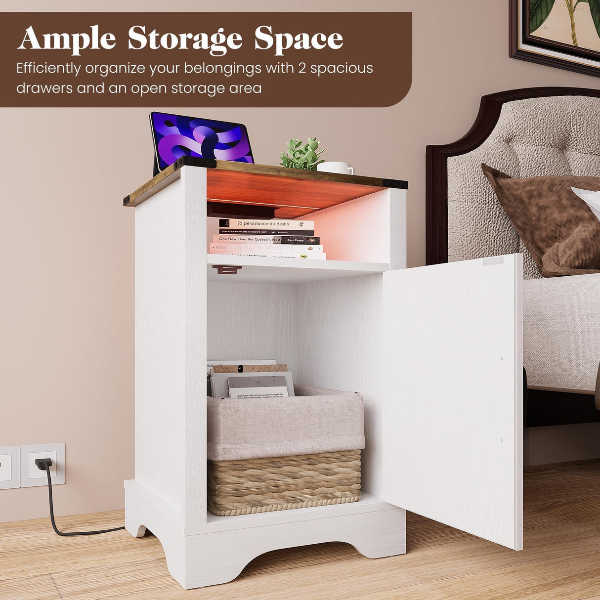 RoyalCraft Farmhouse Nightstand, White Night Stand with LED Lights and Charging Station, Bedside Table Set of 1 with Storage and Door, Wood End Table for Bedroom, Home Office, Antique White RoyalCraft