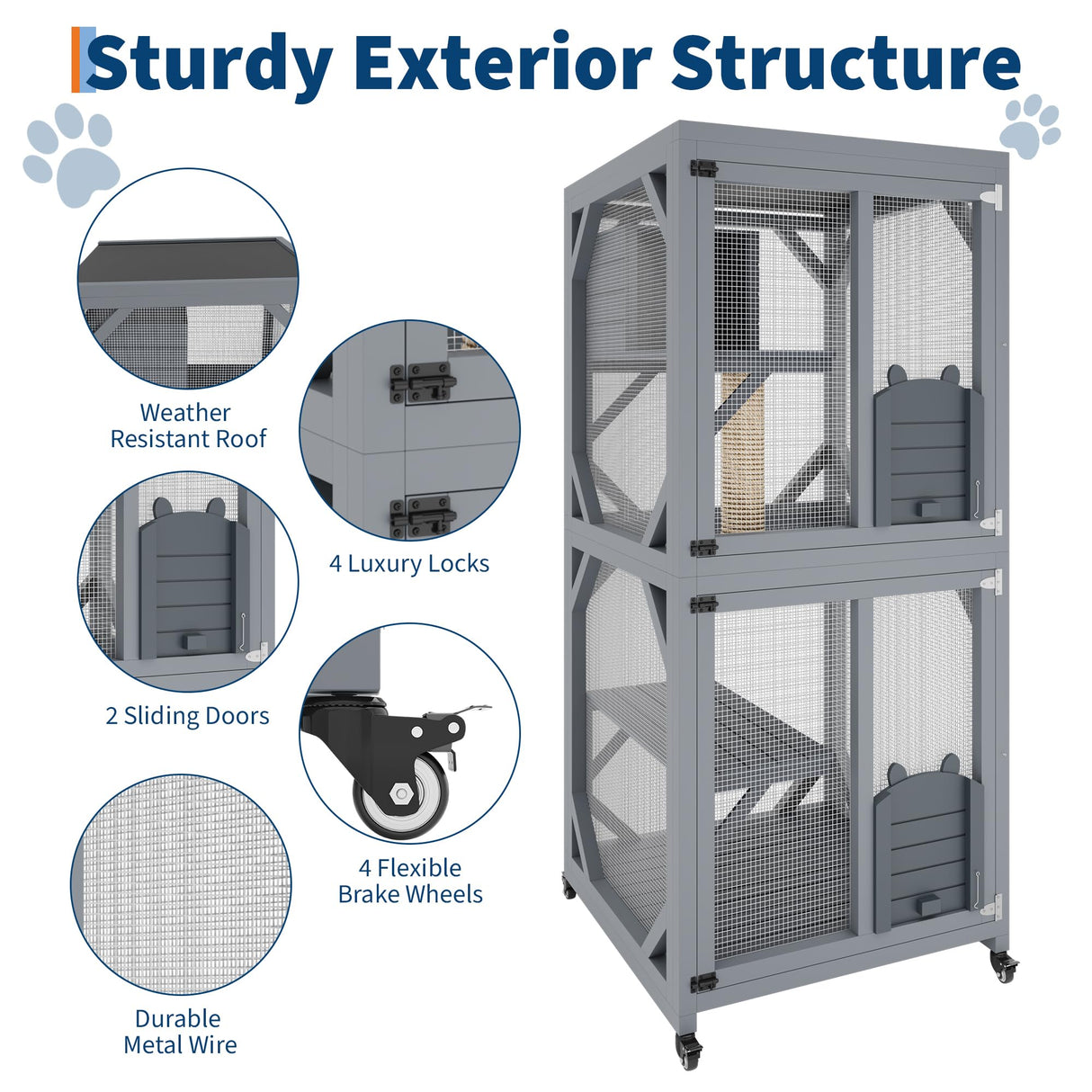 4 Tier Wood Catio Outdoor Window Cat Enclosure, Cat House On Wheels with Scratch Post, Resting Box, 4 Platforms, 2 Sliding Doors & Weatherproof Roof, Cats Kitty Condo Cage Shelter Playpen CuisinSmart