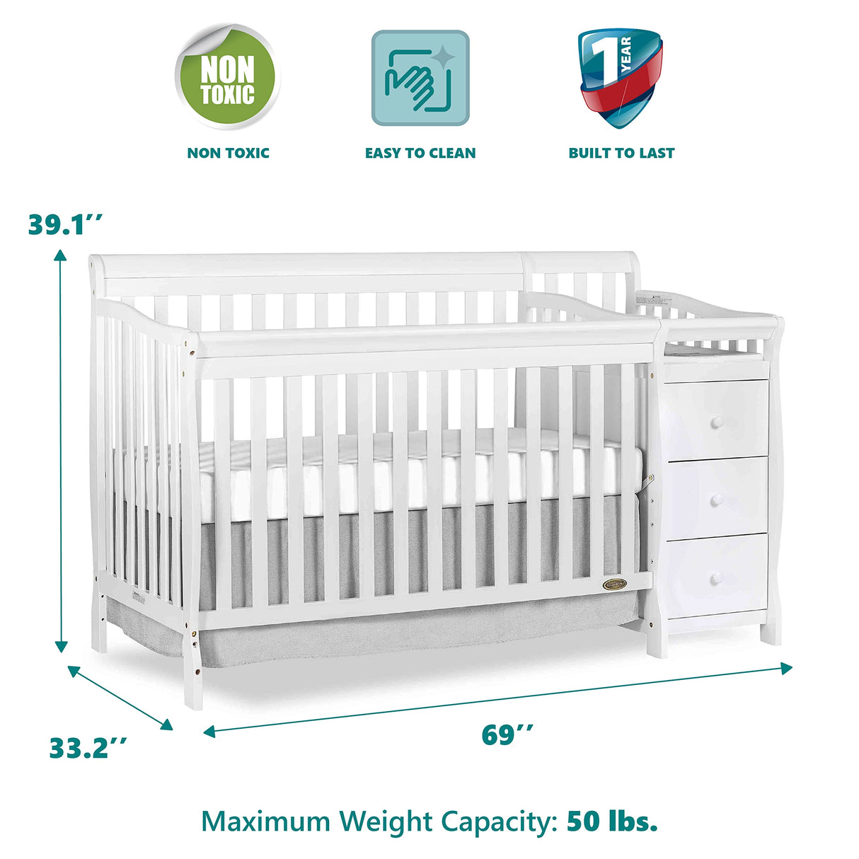 Dream On Me 5 In 1 Brody Convertible Crib With Changer In White, Greenguard Gold Certified, Comes With 1" Changing Pad, Non-Toxic Finish, Made Of Durable Pinewood Dream On Me