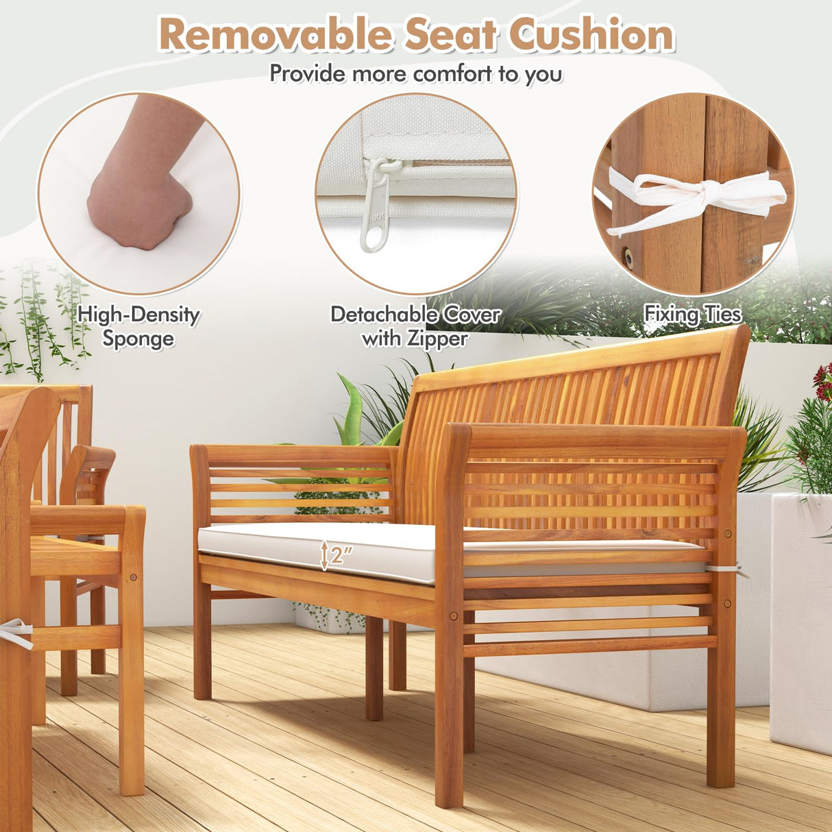 Tangkula 5 Piece Patio Furniture Set, Acacia Wood Conversation Set with 3-Seat Bench, Loveseat, 2 Armchairs & Coffee Table, Cushioned Outdoor Chair Set for Porch, Balcony (Off White) Tangkula