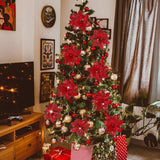 15 PCS Poinsettia Flower Artificial Poinsettia with Clips Christmas Decor Glitter Poinsettia Christmas Ornaments Christmas Tree Flower Decorations with Stems DIY Xmas Wreath Holiday Home Party Decor Childom