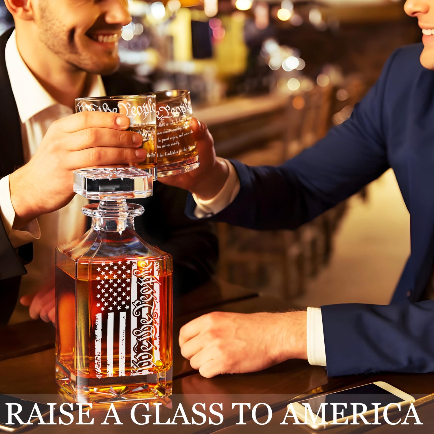 Whiskey Decanter Set for Men, We The People Decanter Set with Glasses, Engraved American Flag Decanter for Liquor Bourbon Gifts for Men Unique Birthday Father's Day Gifts for Men Dad YJGS