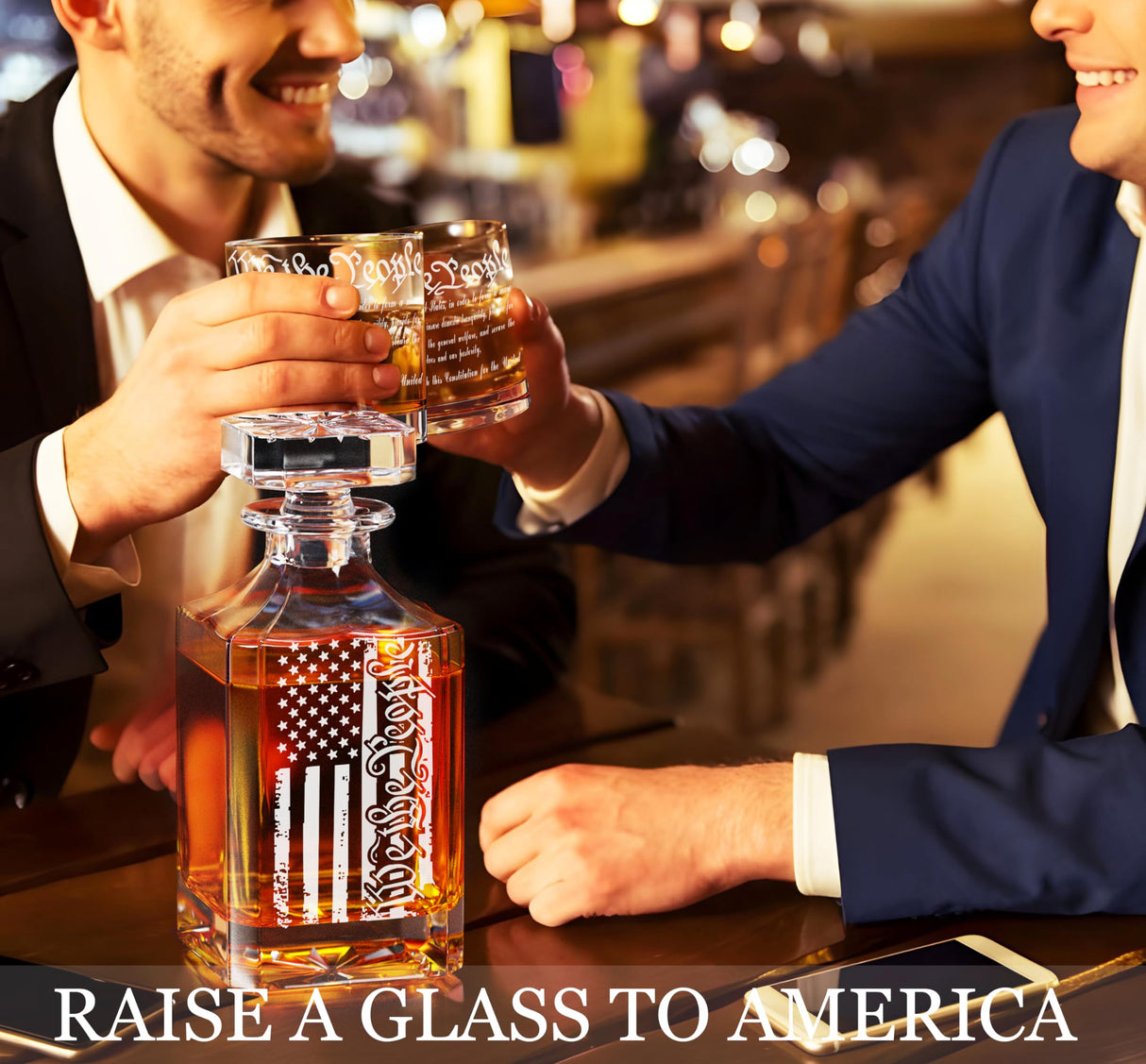 Whiskey Decanter Set for Men, We The People Decanter Set with Glasses, Engraved American Flag Decanter for Liquor Bourbon Gifts for Men Unique Birthday Father's Day Gifts for Men Dad YJGS