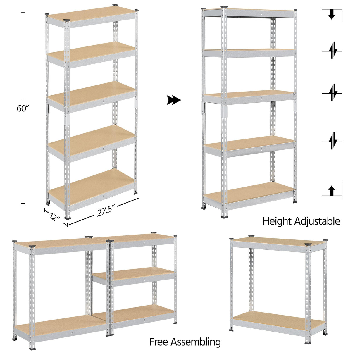 Yaheetech Storage Shelves 5 Tier Garage Shelving Heavy Duty Garage Shelves Adjustable Metal Shelving Unit Utility Rack Industrial Shelving for Warehouse Pantry Closet, 27.5"W x 12"D x 60"H, Silver Yaheetech
