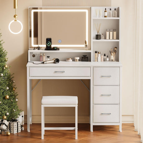 Rolanstar Vanity Desk with Mirror and Lights, Makeup Vanity with Upholstered Vanity Stool, 4 Drawers, Power Outlets, Vanity Set with 4 Compartments for Bedroom White Rolanstar