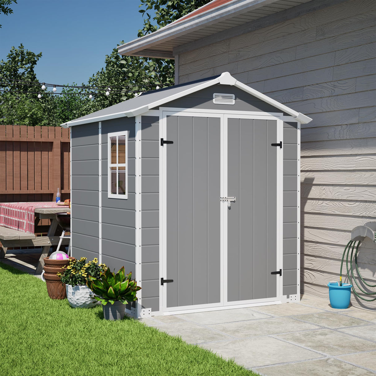 Jaxilyn 6x6 Resin Outdoor Storage Shed Kit Plastic Sheds Perfect to Store Patio Furniture, Garden Tools Bike Accessories, Beach Chairs and Lawn Mower, Grey & White Jaxilyn