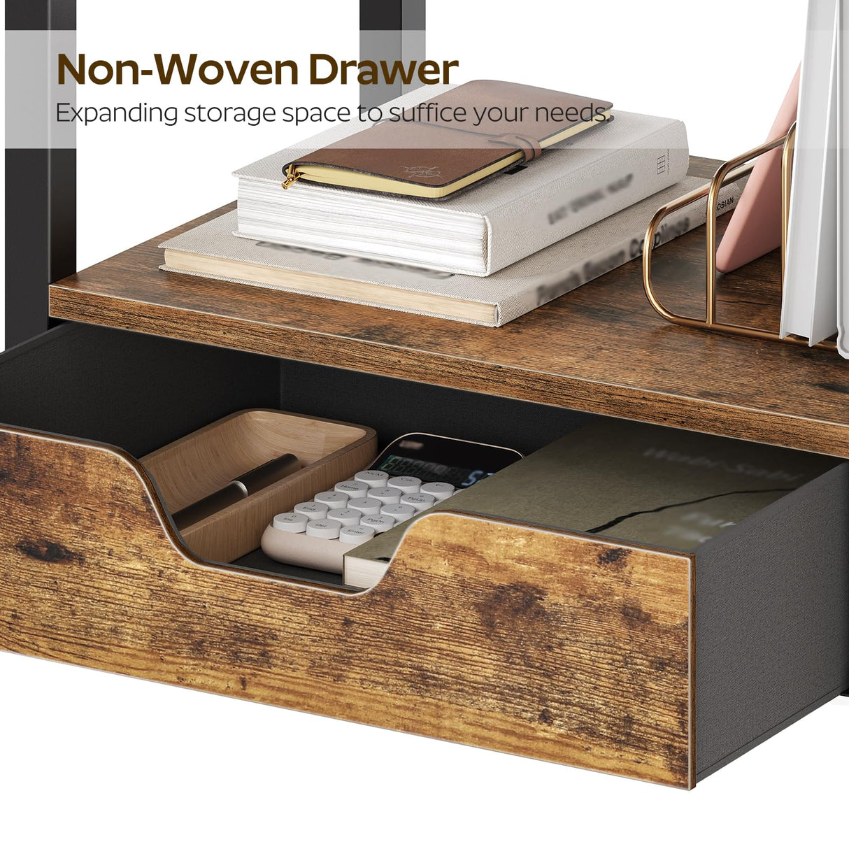 YATINEY Desktop Printer Stand, 2-Tier Printer Table with Non-Woven Drawer, Multi-Purpose Desk Organizer for Home Office, Under Desk Open Organizer Shelf, Rustic Brown PS01BR YATINEY