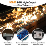 Super Patio 8 Pieces Outdoor Patio Furniture Set with 45” Fire Pit Table, Rattan Patio Conversation Sets with 50000 BTU Gas Fire Pit, Sectional Sofa Set with Storage Box, Navy Blue (Without Table) Super Patio