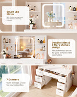LIVELYGLOW Large Makeup Vanity Desk, 43.3”W x 15.7“D x 53.2”H, White (Large Desktop, Samrt LED Mirror, 4 Open Shelves, 7 Drawers, Hairdryer Rack, Power-Outlet, No Cushion Stool Included) LIVELYGLOW