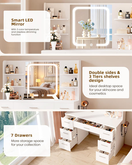 LIVELYGLOW Large Makeup Vanity Desk, 43.3”W x 15.7“D x 53.2”H, White (Large Desktop, Samrt LED Mirror, 4 Open Shelves, 7 Drawers, Hairdryer Rack, Power-Outlet, No Cushion Stool Included) LIVELYGLOW