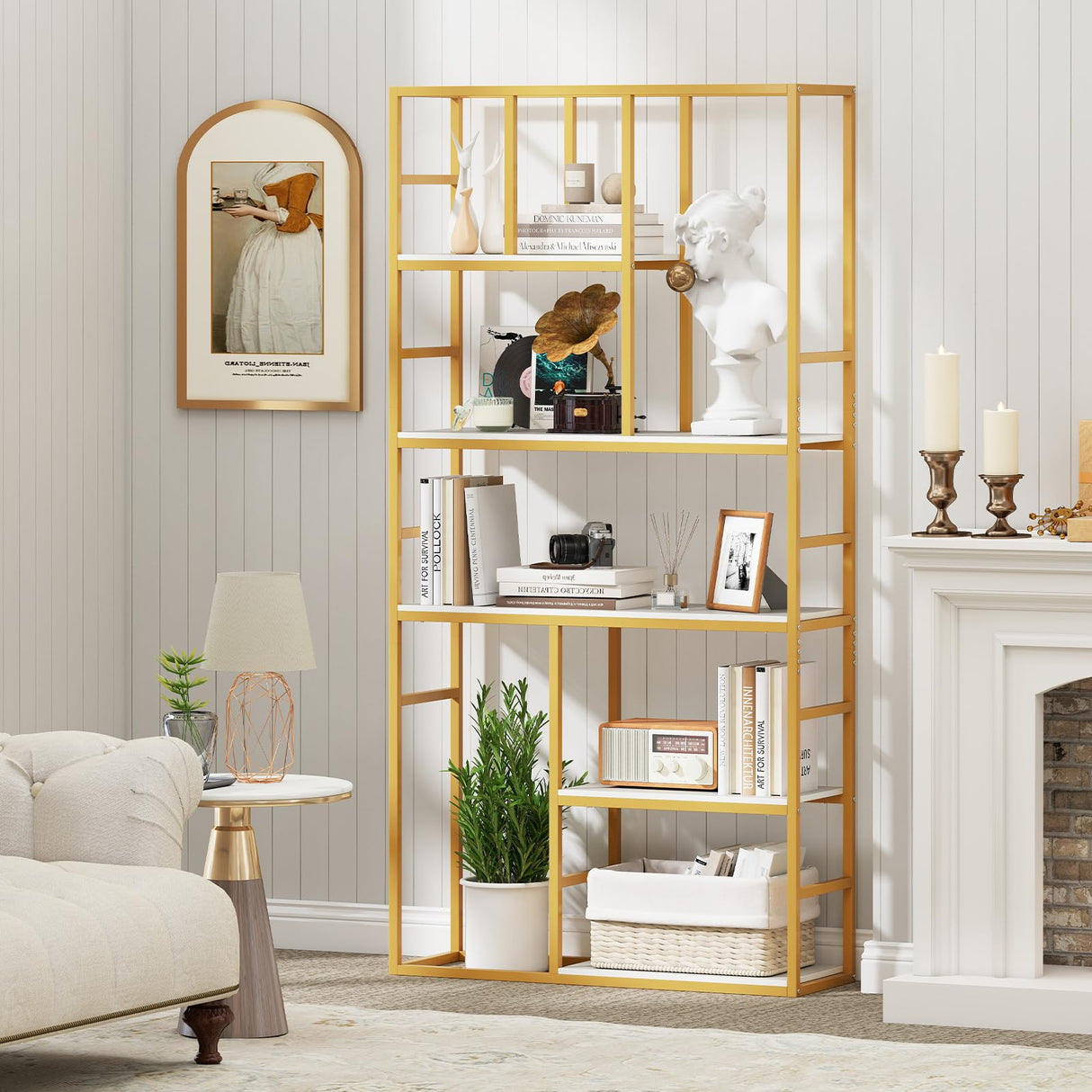 Tangkula 71” Tall Bookshelf, 5-Tier Geometric Bookcase with Open Display Shelf and Metal Frame, Freestanding Modern Storage Organizer for Living Room & Home Office (White, 71”H) Tangkula