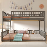 Merax Full XL Over Queen Floor Bunk Bed, Kids Bedroom Brown Wooden Bunk Bed Frame, Convertible to 2 Separated Beds with Trundle, Ladder & Guardrail for Teens, Wood Slat Support, Easy Assembly, Gray Merax