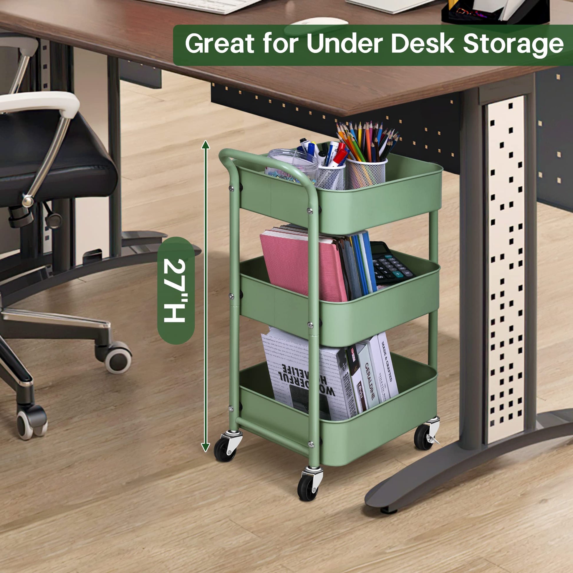 AOODA 3 Tier Under Desk Rolling Cart with Handle and Lockable Wheels, 27'' Height Small Metal Book Cart Mobile Art Cart Rolling Storage Organizer for Office, Kitchen, Bathroom (Aqua Green) - WoodArtSupply