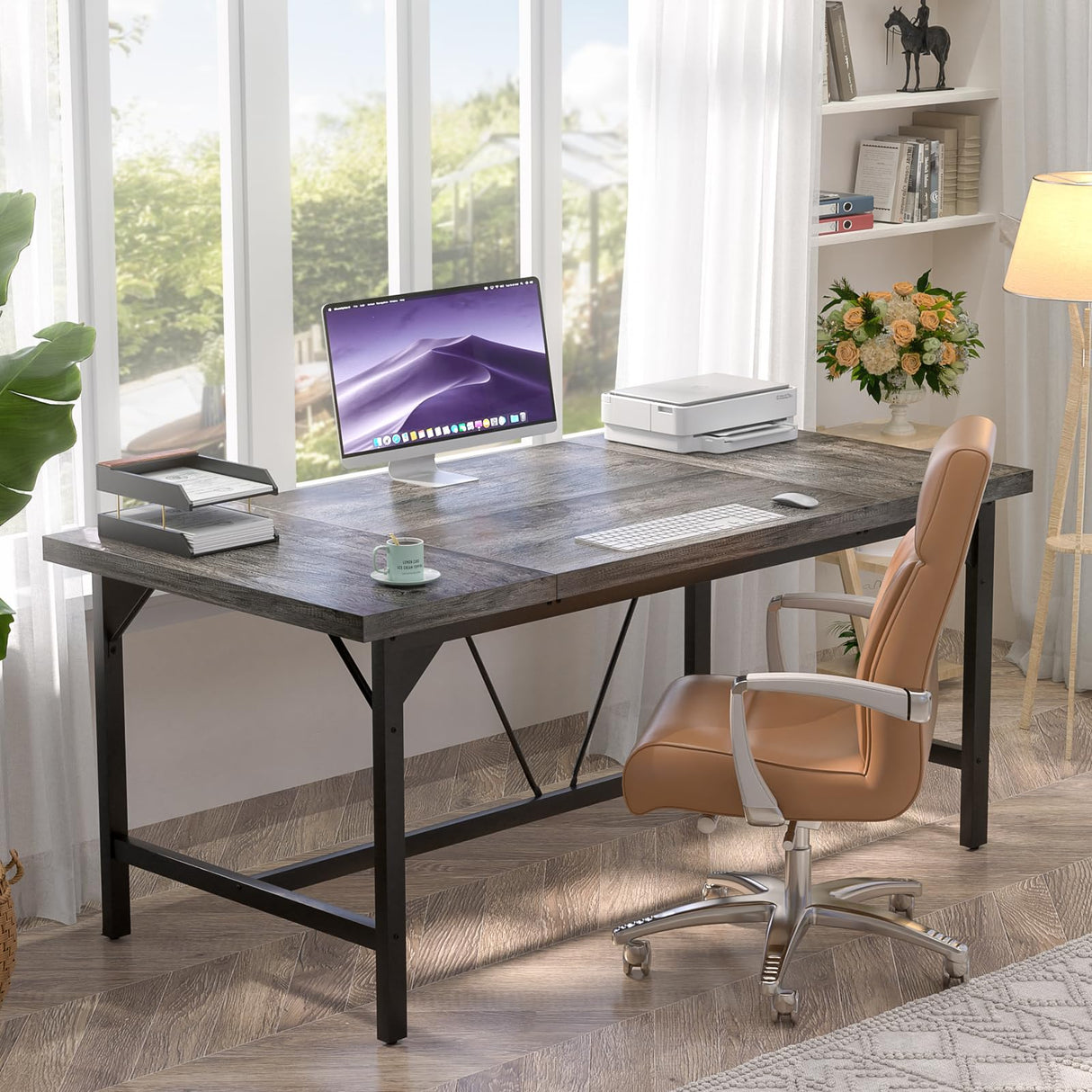 Unikito Large Computer Desk, 63 x 31.5 Inch Long Office Desk, Premium Sturdy 2 Person Desk, 1.4” Thick Study Writing Table, Modern Laptop Computer Table for Home Office Workstation, Black Oak Unikito