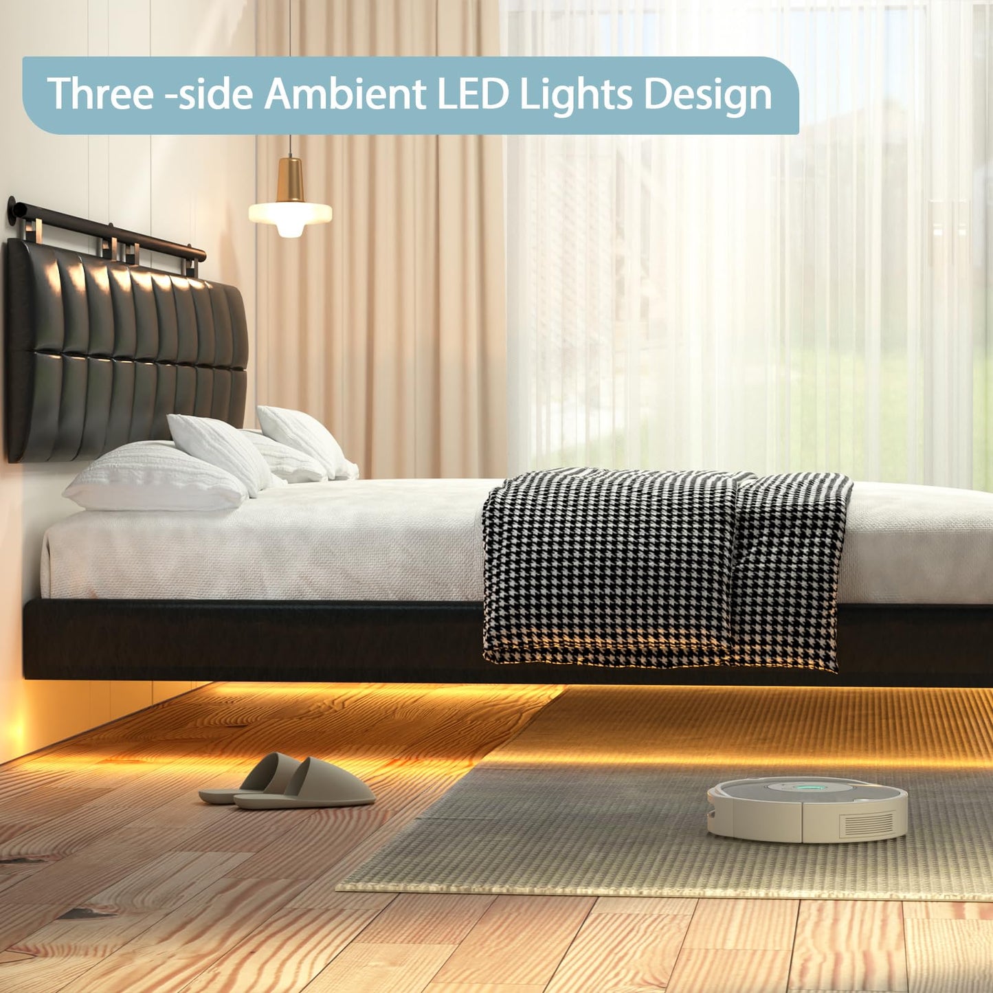 DYHOME Floating Queen Bed Frame with USB Charging Station & LED Lights - WoodArtSupply