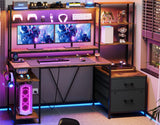 UPOSOJA Gaming Desk with Hutch, 65in Reversible Computer Desk with Power Outlets LED Light, Home Office Desk with Monitor Stand 2 Drawers 4 Storage Shelves Pegboard 8 Hooks Mouse Pad (Brown) UPOSOJA