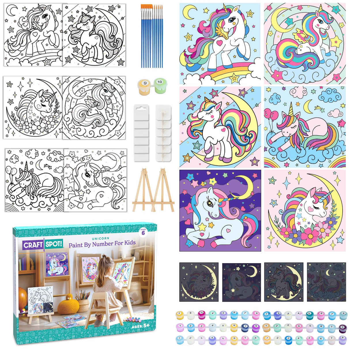 6 Pack Glow in the Dark Unicorn Paint by Numbers Kit for Kids - Pre-printed Canvas with 50 Paints, 12 Brushes & 2 Easels - DIY Acrylic Painting Set for Boys and Girls - Ideal for Home Decor Craft Spot!