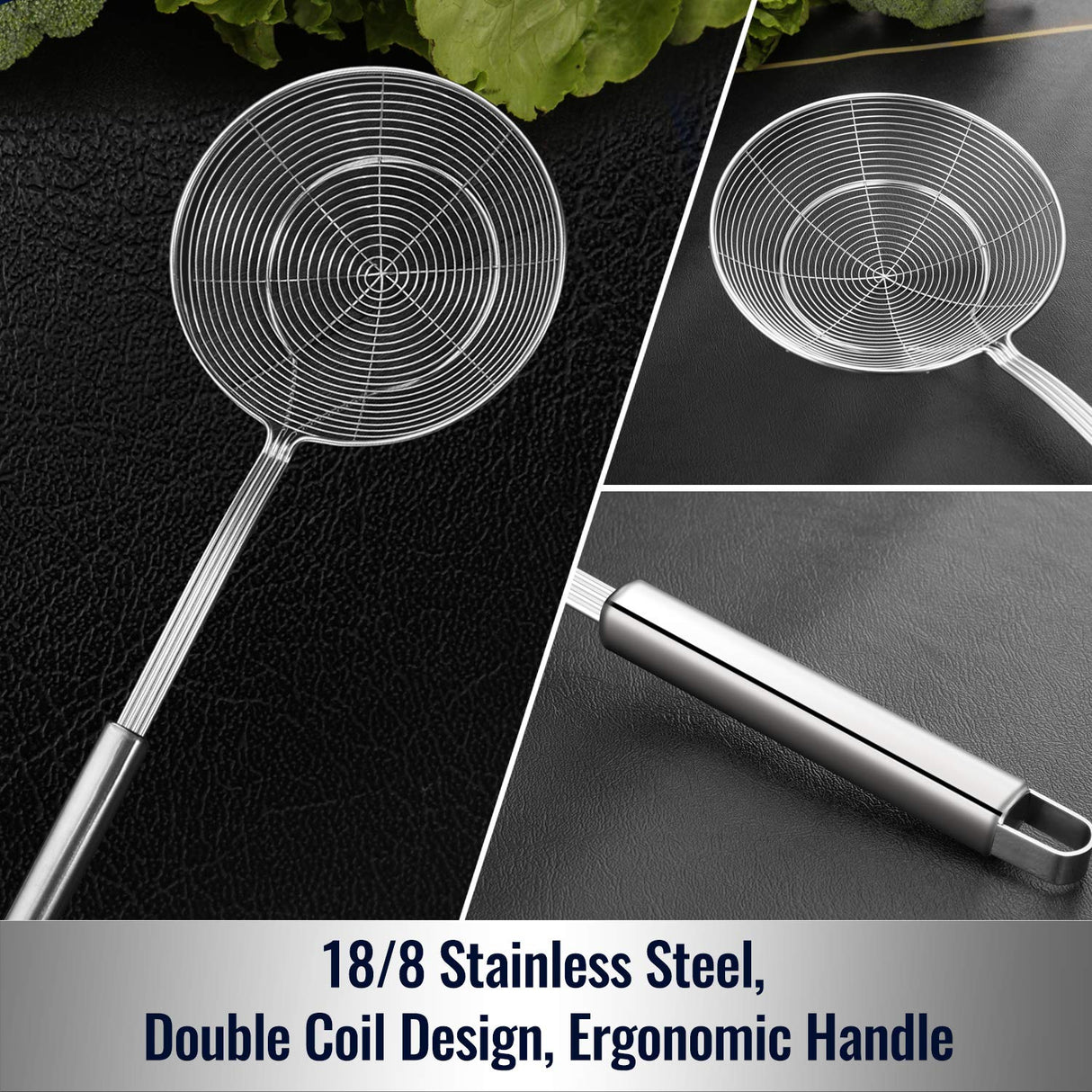 Hiware Solid Stainless Steel Spider Strainer Skimmer Ladle for Cooking and Frying, Kitchen Utensils Wire Strainer Pasta Strainer Spoon, 5.4 Inch HIWARE