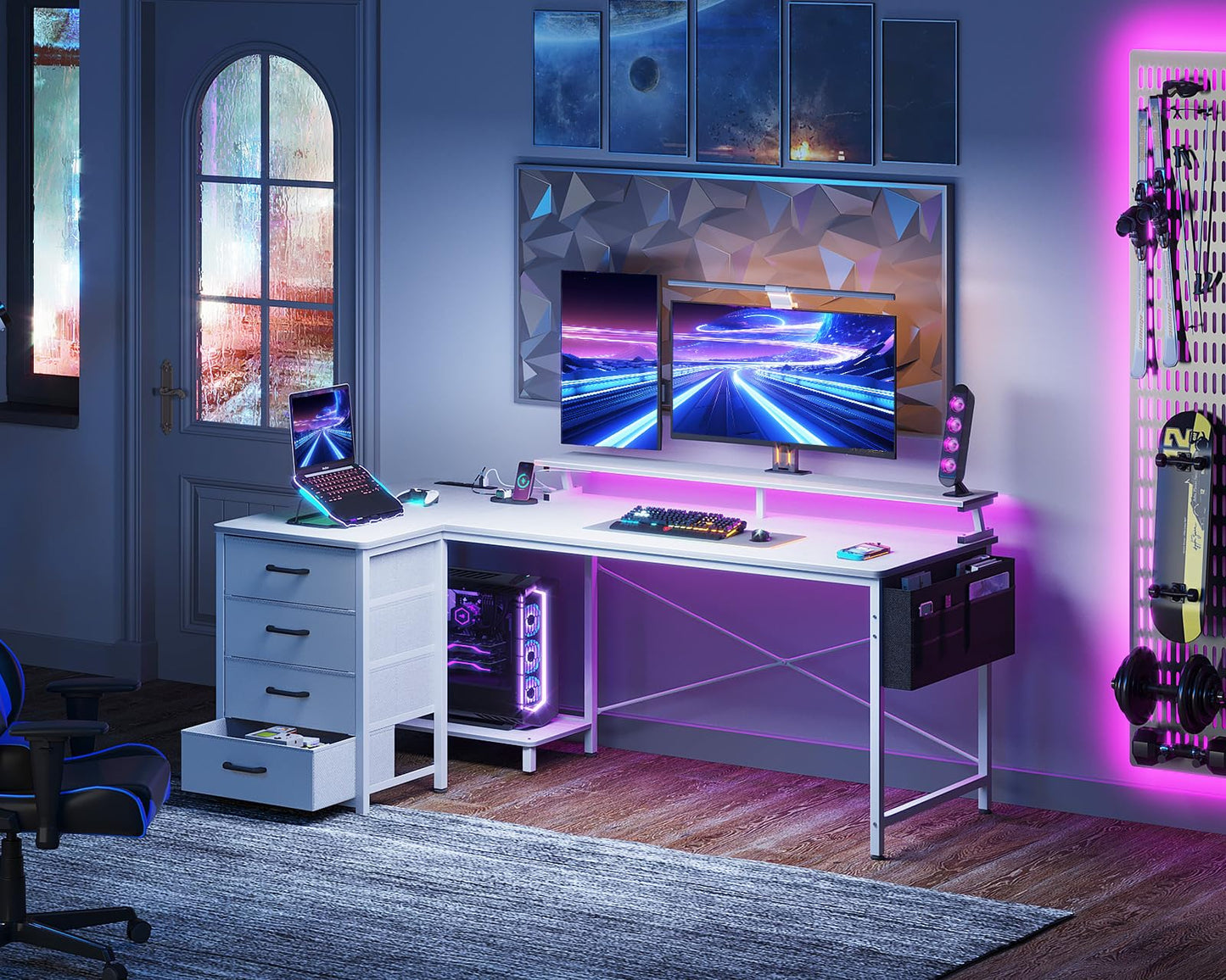 ODK 55-Inch Reversible L-Shaped Computer Desk with 4 Drawers, Gaming Desk with LED Lights & USB Power Outlets, Corner Office Desk with CPU Shelf & Monitor Stand, Study/Writing Table for Bedro - WoodArtSupply