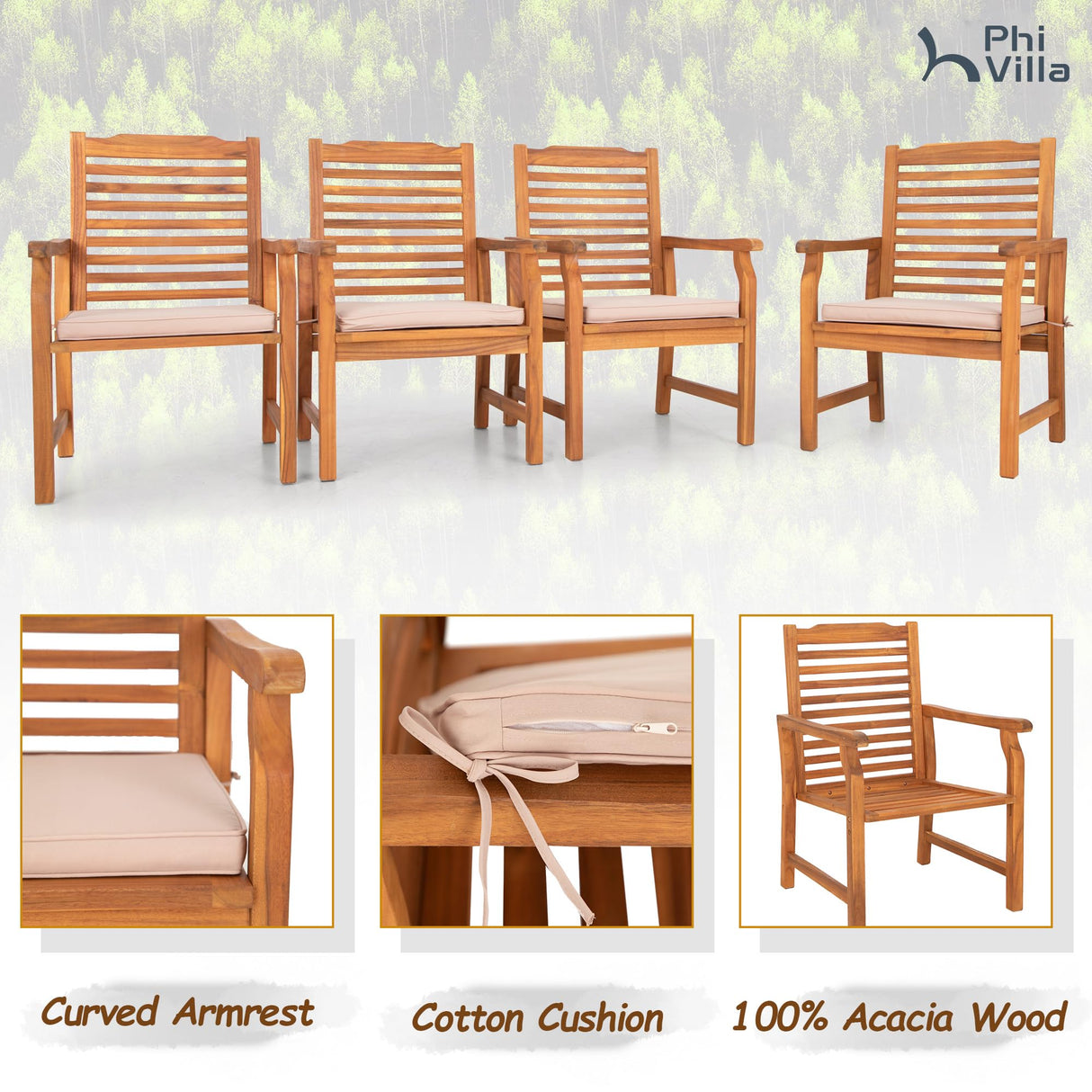 PHI VILLA 6 Pieces Acacia Wood Outdoor Dining Chairs with Cushions, Patio Wooden Armchairs Set of 6, Natural Teak Dining Chairs for Deck, Yard, Porch PHI VILLA