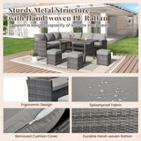 U-MAX 7 Pieces Patio Furniture Set, Outdoor Sectional Sofa Conversation Set, All Weather Wicker Rattan Dining Table & Chair with Ottoman, Grey Rattan&Grey Cushion U-MAX