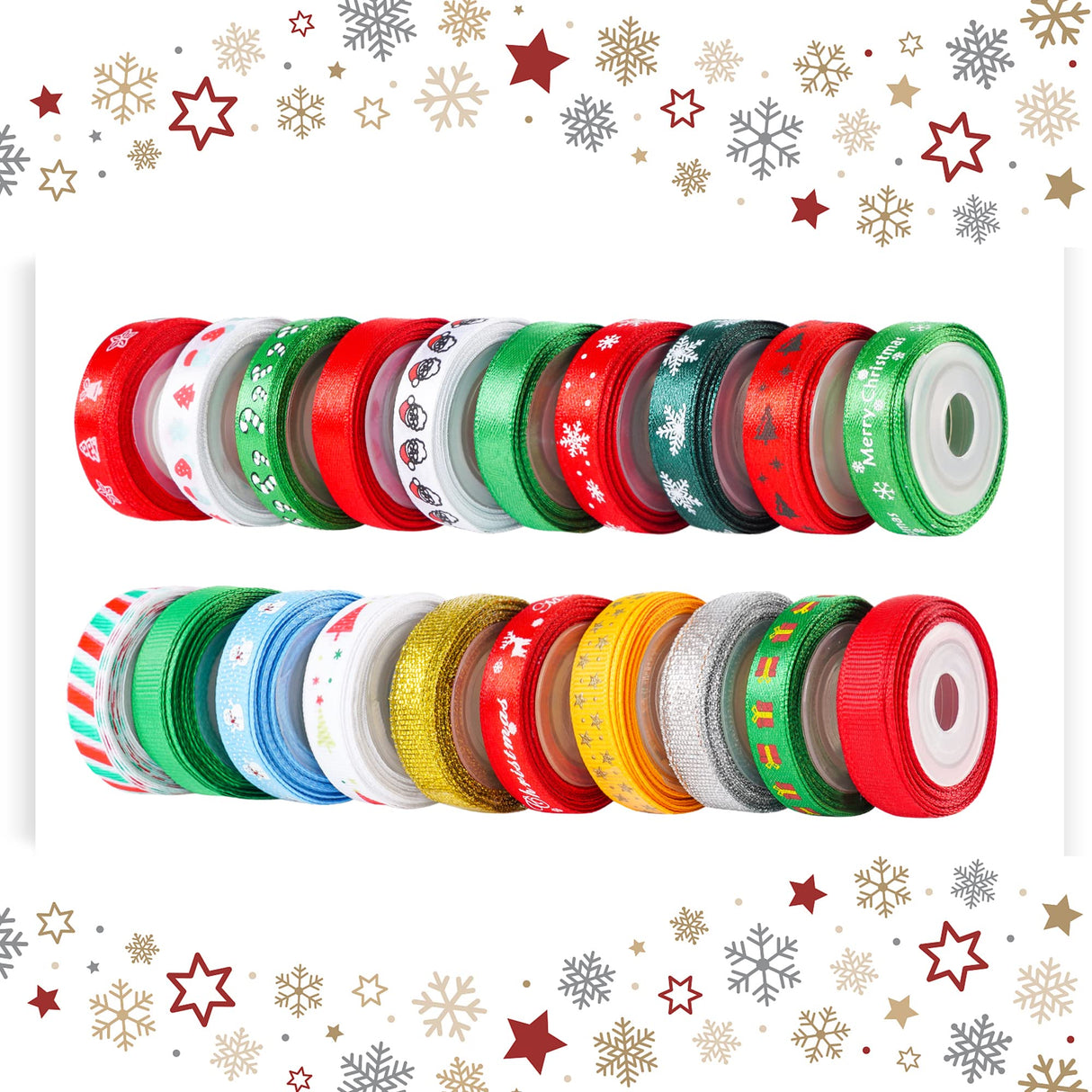 LIUYAXI 100 Yards 20 Rolls Christmas Ribbons,3/8 Inch Wide Printed Grosgrain Ribbon Metallic Glitter Holiday Festival Christmas Satin Ribbons for Gift Wrapping Crafts Xmas Decorations LIUYAXI