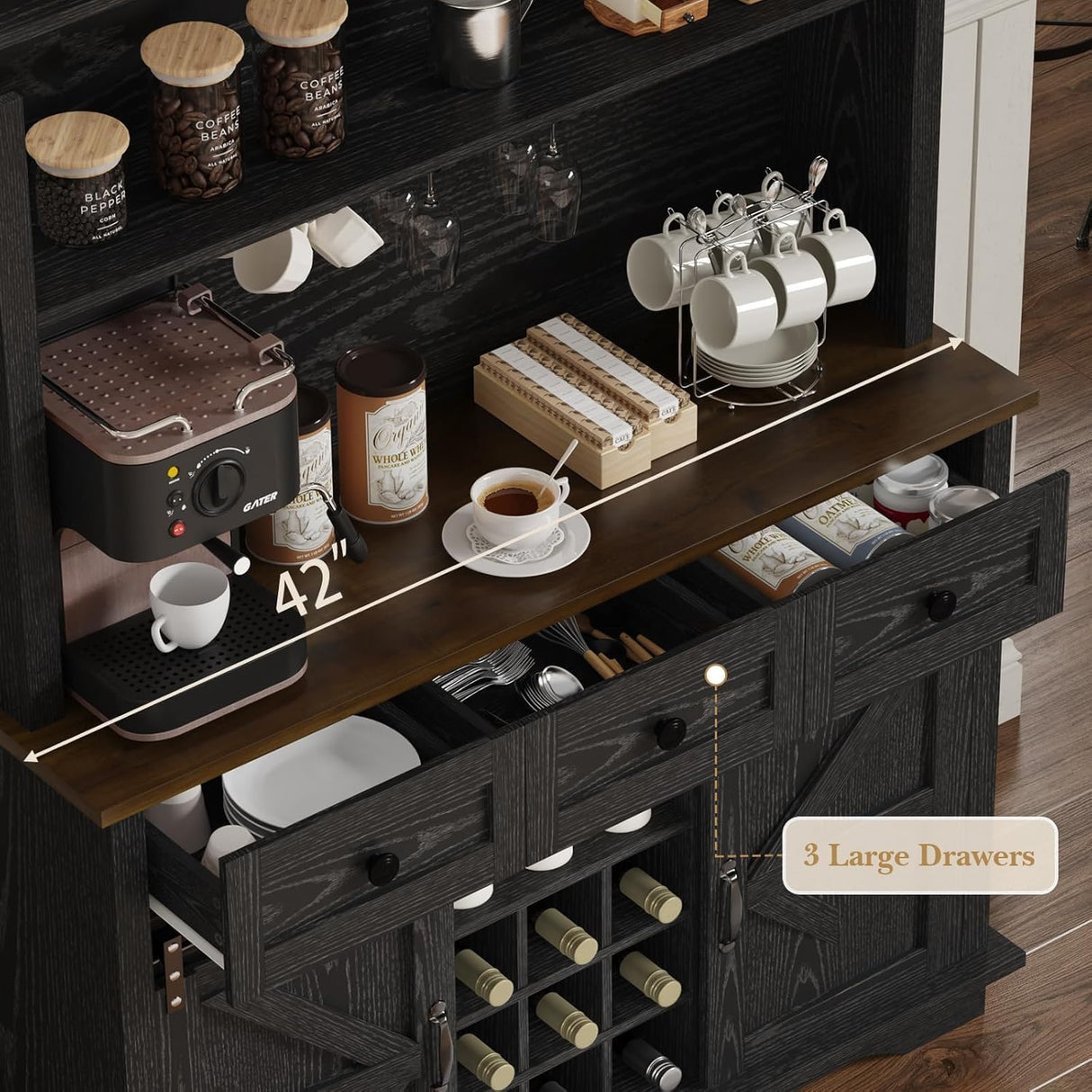 REVOMINCA 63 Inch Tall Coffee Bar Cabinet with 3-Tier, Kitchen Hutch with 3 Large Drawers, Farmhouse Coffee Bar with 9 Wine Racks & 3 Glass Holders, Wine Storage Cabinet for Living Dining Room, Black REVOMINCA