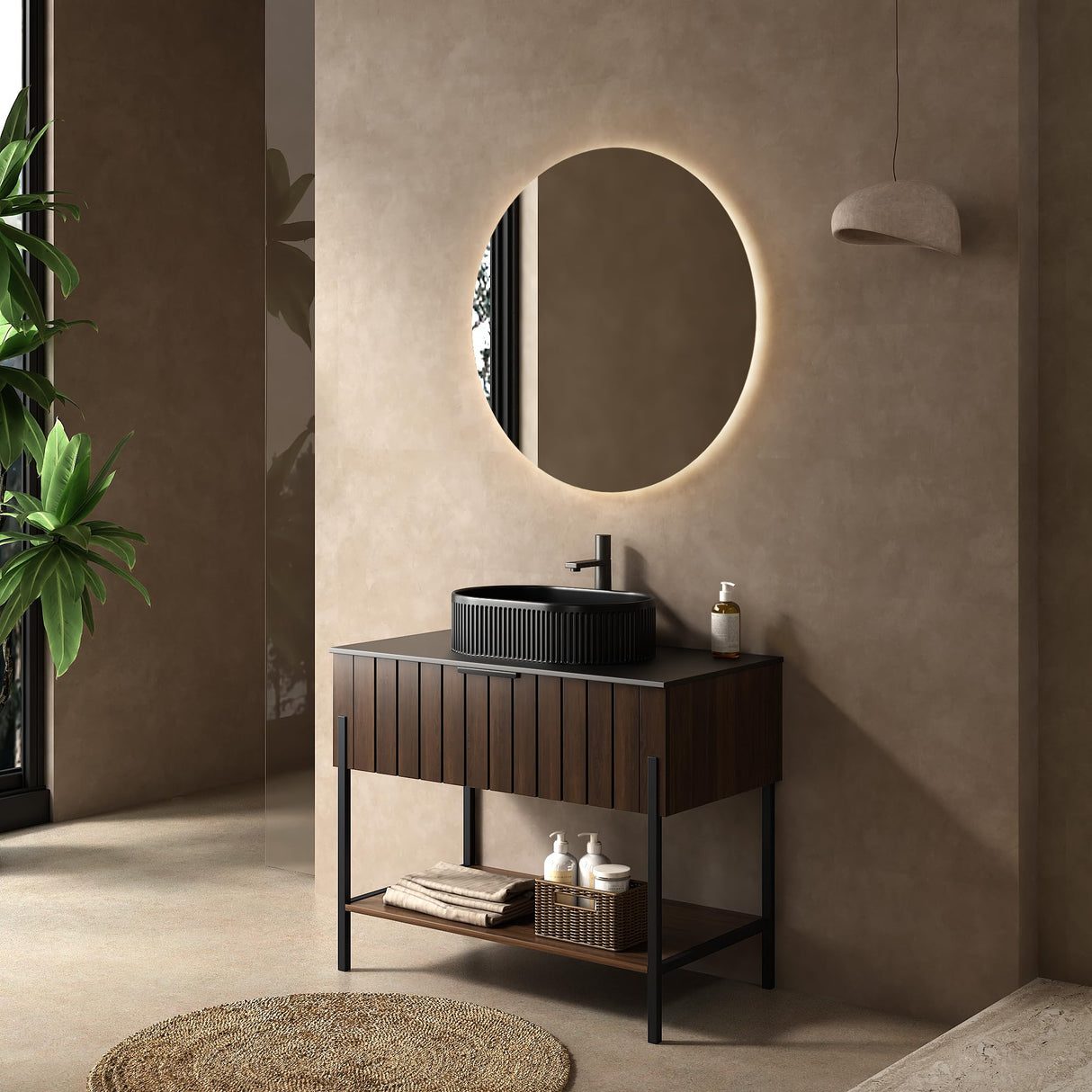 36 Inch Bathroom Vanity with Sink, Dark Walnut Vanity Bathroom Sink and Cabinet Combo, Bathroom Vanities w/Drawer and Metal Supporting Structure & Freestanding Striped Design - Miami, Dark Walnut RAINLUX