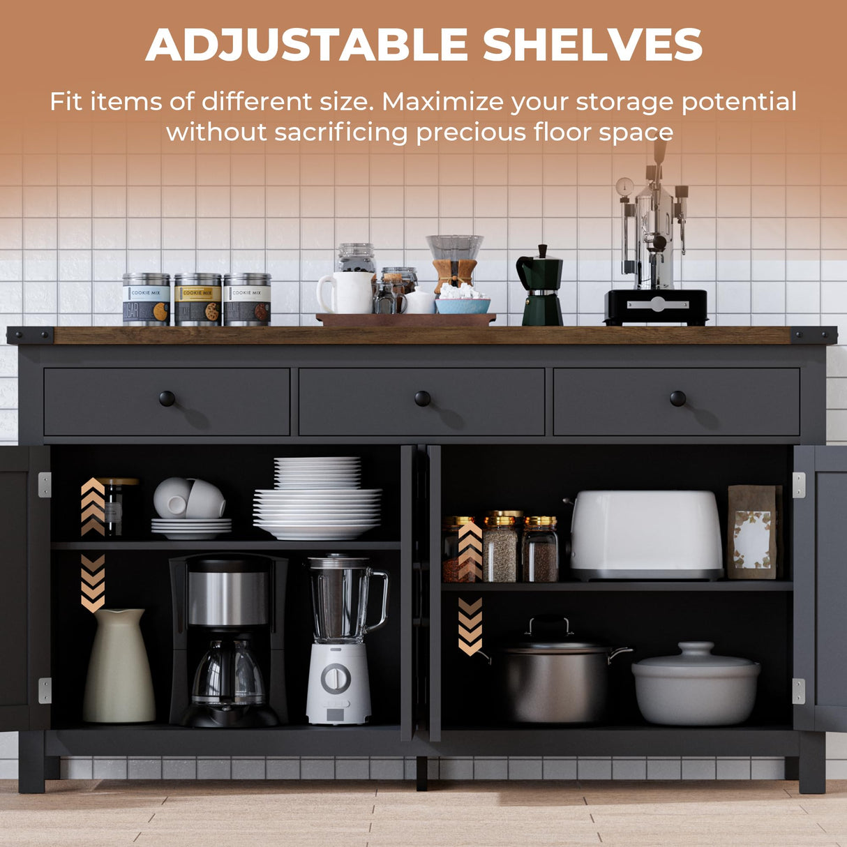 VVFLU 63" Sideboard Buffet Cabinet with Storage, Coffee Bar with 3 Drawers and 4 Barn Doors, Long Wider Storage Cabinet Modern Farmhouse, Black Wood, for Kitchen, Dining Room, Living Room VVFLU