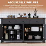 VVFLU 63" Sideboard Buffet Cabinet with Storage, Coffee Bar with 3 Drawers and 4 Barn Doors, Long Wider Storage Cabinet Modern Farmhouse, Black Wood, for Kitchen, Dining Room, Living Room VVFLU