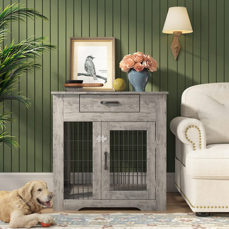 IchbinGo Wooden Furniture Style Dog Crate End Table, Double Doors Dog Kennel with Drawer, Rustic Style Decorative Dog House Cage Indoor Use, Easy Installation 29.92”L x 24.80” W x 30.71”H IchbinGo