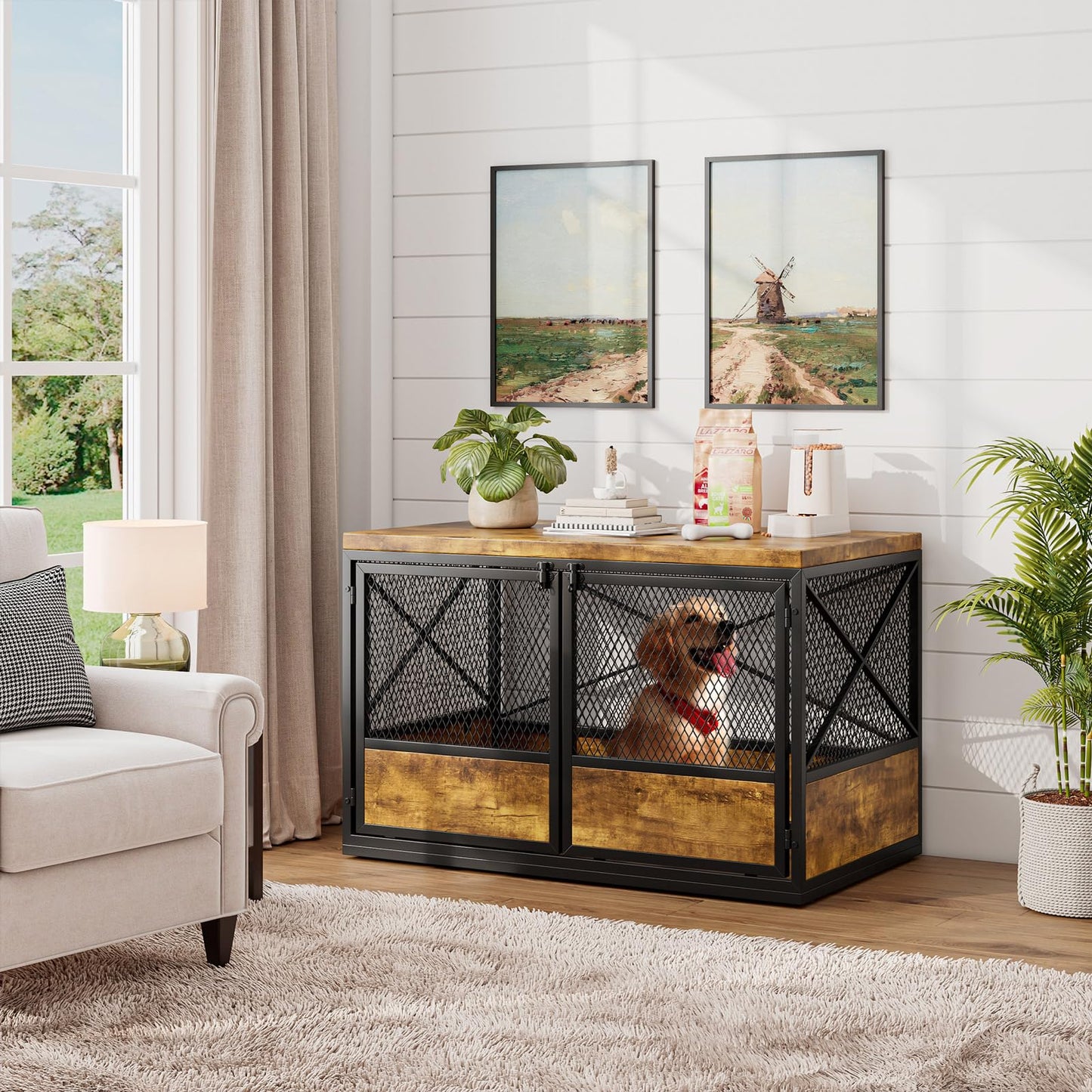 Cooday Heavy Duty Large Dog Crate Furniture, 38 Inch Wooden Dog Crate with Double Doors, Indoor Dog Kennel Furniture, Decorative Pet House End Table, Rustic Brown