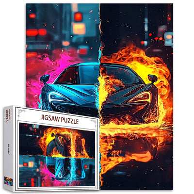 Fire Car 1000 Piece Jigsaw Puzzles for Adults Car in Neon Blue Painting Jigsaw Puzzle Car in Flame Red Puzzles for Challenging Family Activity Art Cityscape DIY Puzzle Decor Vehicle Gifts(Colorful)
