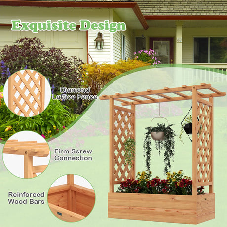 HAPPYGRILL Raised Garden Bed with Trellis, Freestanding Garden Planter Box with Side & Top Trellis, Drainage Holes, Wooden Planter Raised Bed for Vine Climbing Plants, Vegetables, Flowers, Herbs HAPPYGRILL