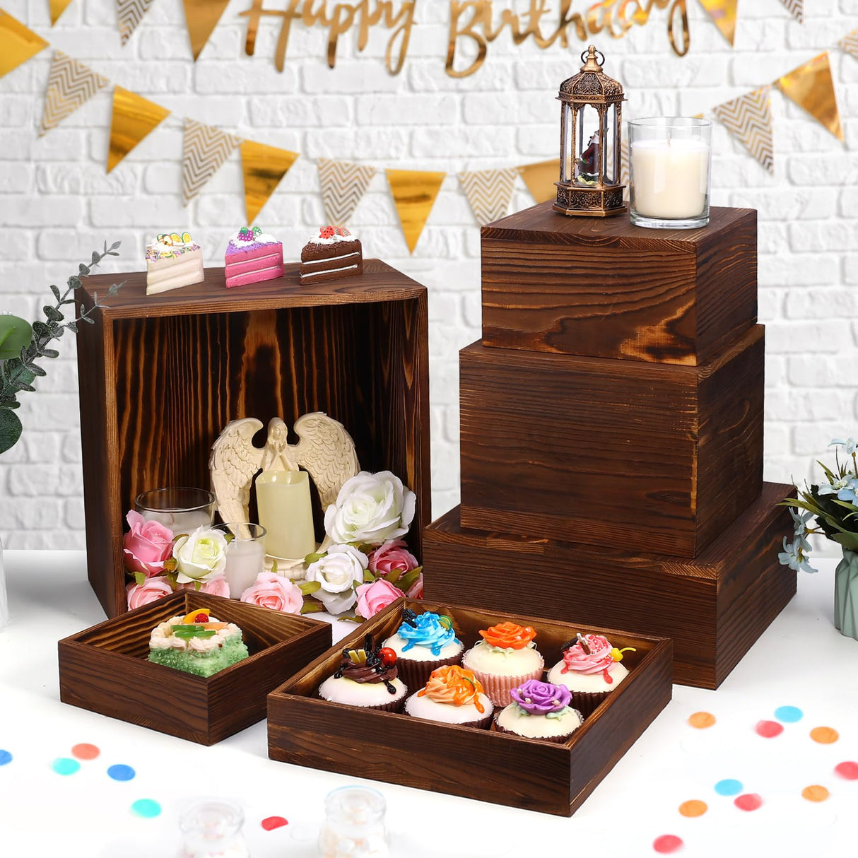 6 Pack Wooden Risers Display Stands Square Buffet Risers for Party Wood Cake Stands Rustic Cupcake Stands Wooden Crates for Display Wood Risers for Decor Wooden Food Display Risers Nesting Risers LEIFEOSH