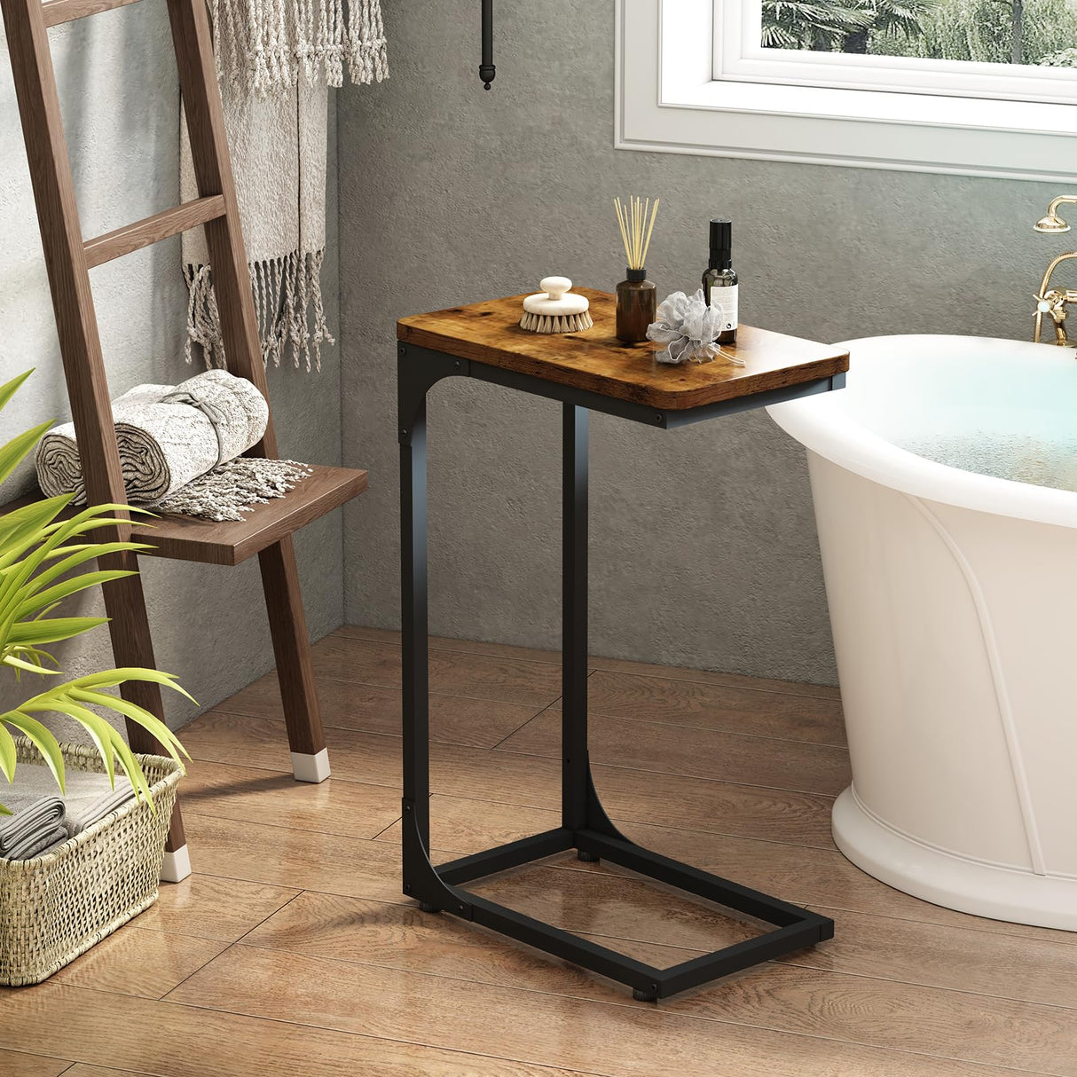 QEEIG Narrow C Shaped Side Table Set of 2 Living Room Sets Slim Couch Tray Tables Skinny Thin Small Farmhouse 9.5 inch Width, Rustic Brown (017-24BN) QEEIG