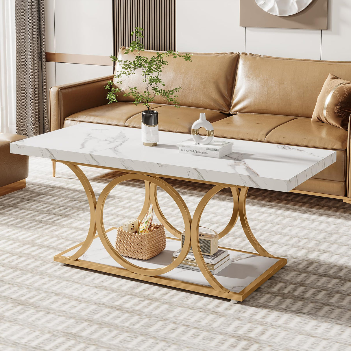 Tribesigns Rectangle Coffee Table, 47.24-inch Modern Coffee Tables for Living Room, 2-Tier Faux Marble Wood Coffee Table with Geometric Legs, Furniture with Storage Shelf (White & Gold) Tribesigns