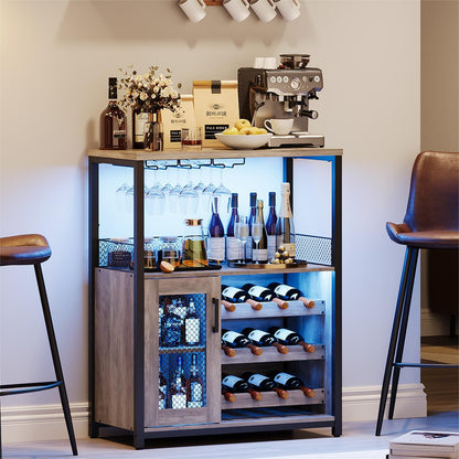 GarveeHome 3-Tier Wine Bar Cabinet with LED Lights, Detachable Wine Rack and Storage Space, Buffet Cabinet with Glass Holder and Mesh Door, for Kitchen, Living Room and Bar. Grey